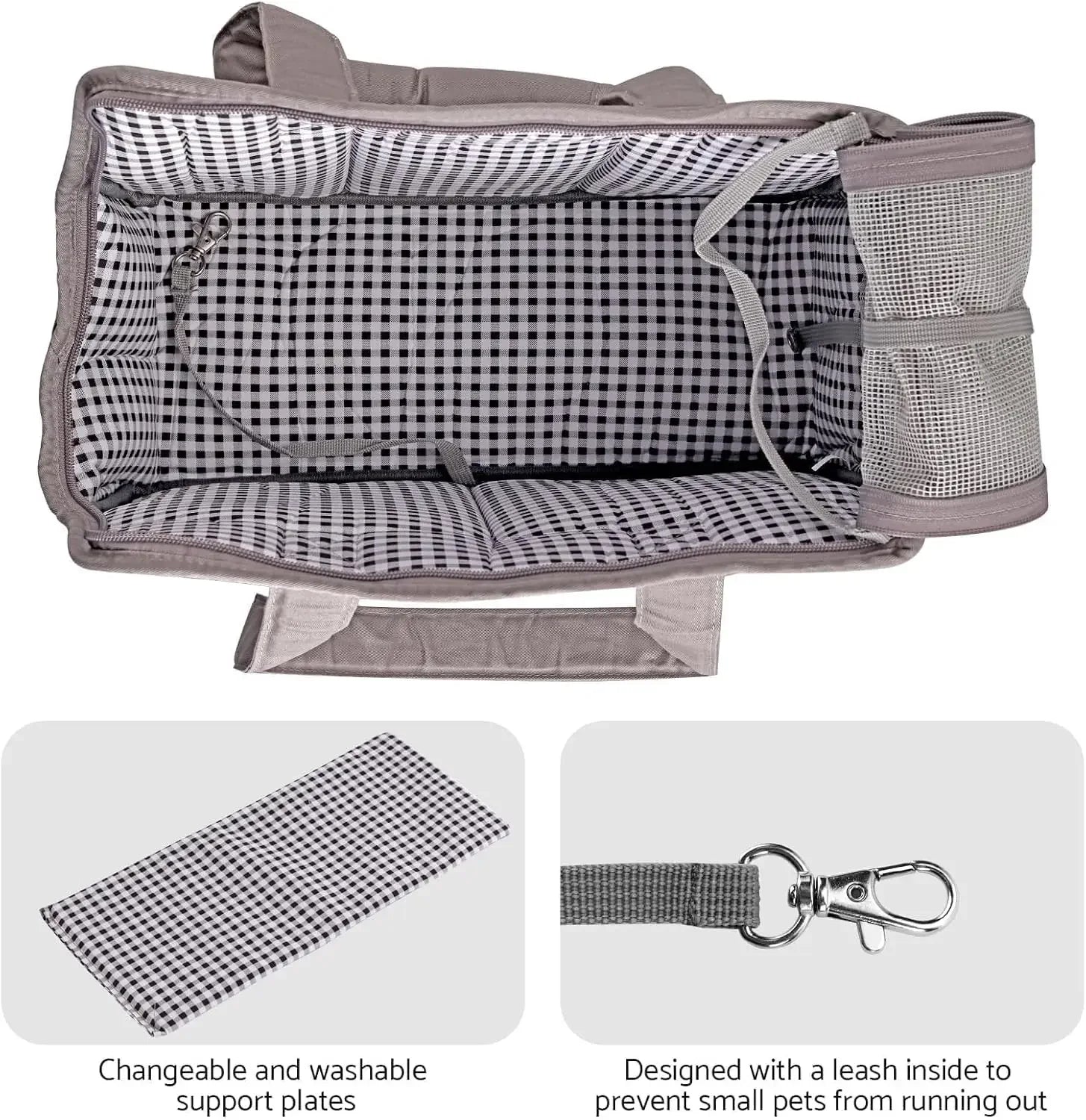 Pet carrier with checkered interior, leash, and support plates on a white background