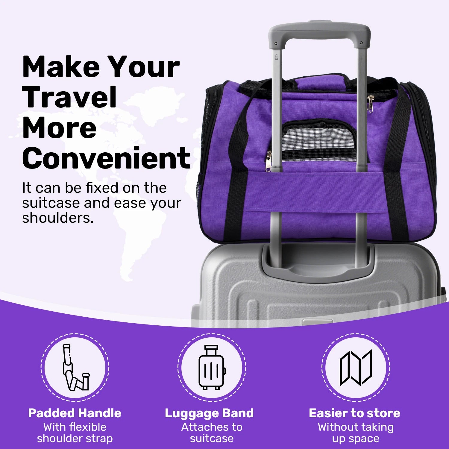 Purple suitcase with a handle attachment on a white background
