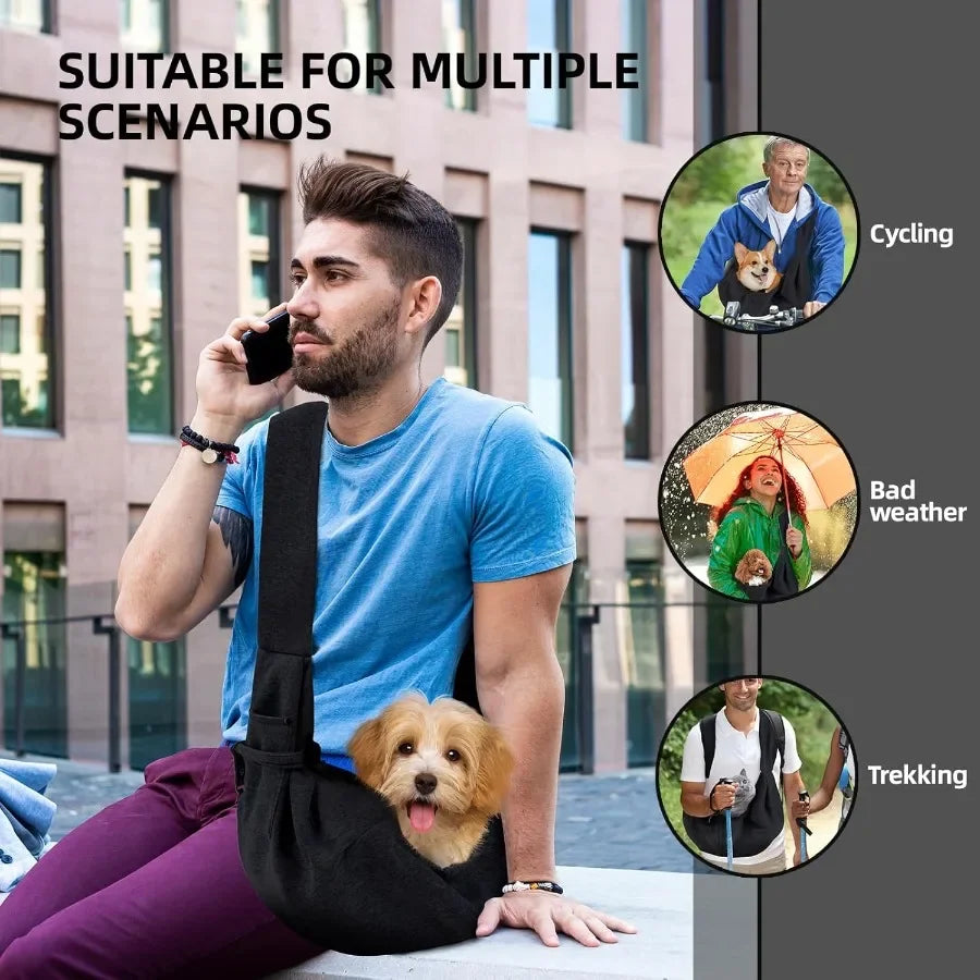 Man with a dog in a sling, suitable for multiple scenarios including cycling, bad weather, and trekking.