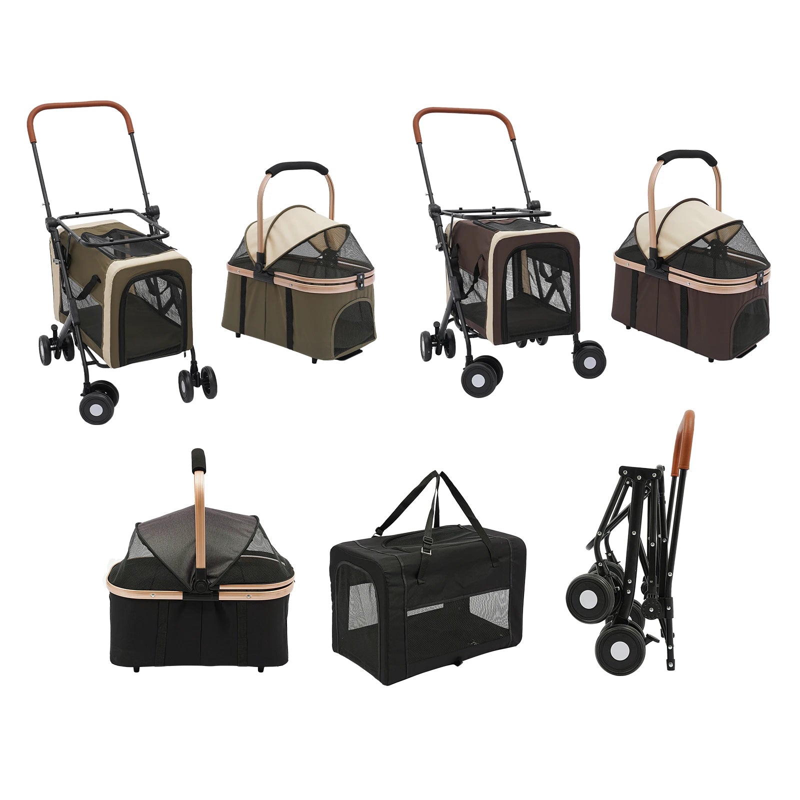 Collection of pet strollers and carriers in various designs on a white background