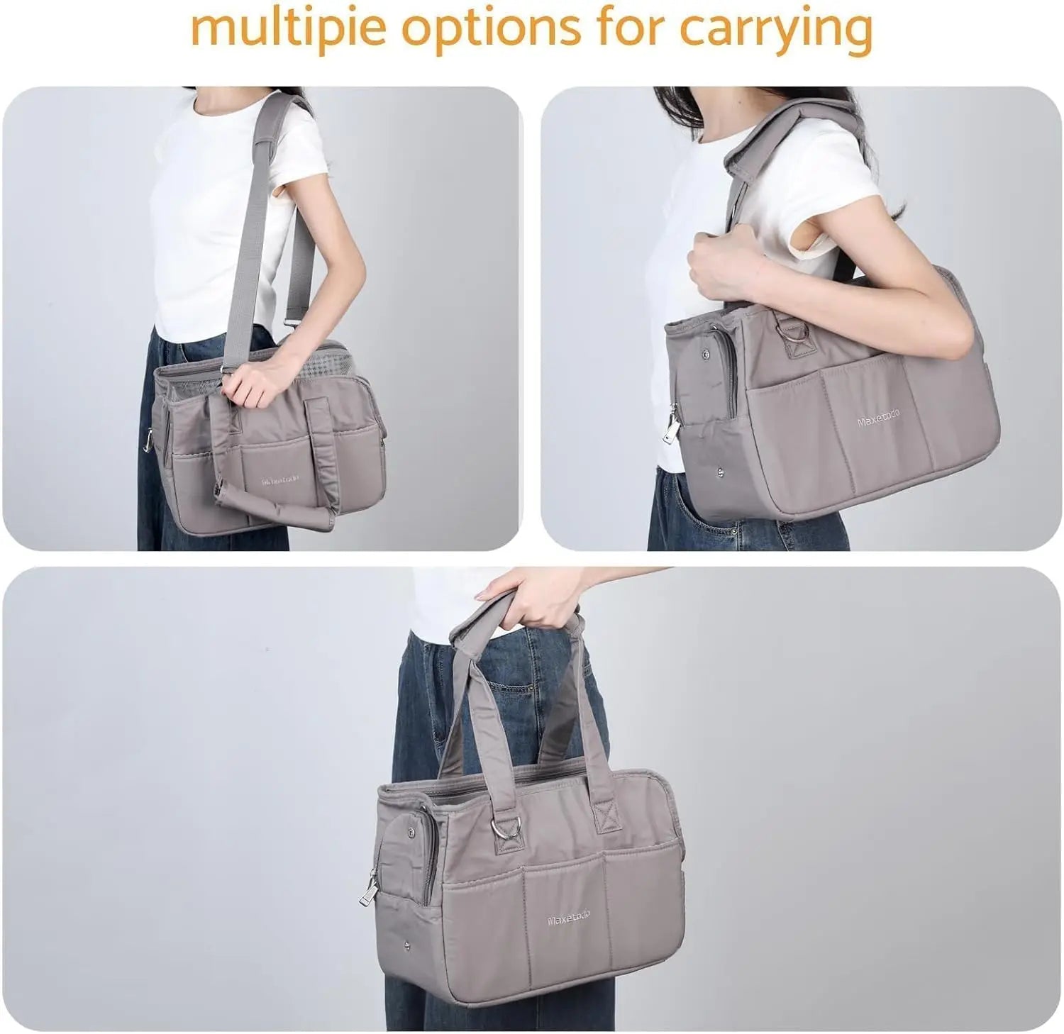 Gray diaper bag shown in different carrying styles on a gray background