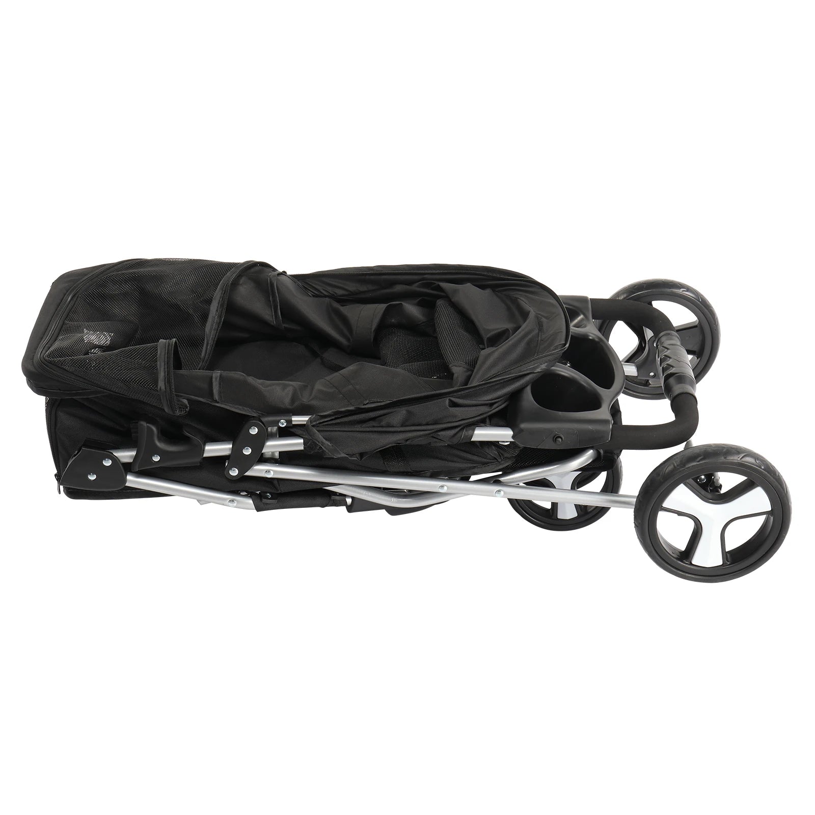 Black stroller folded and compact on a white background