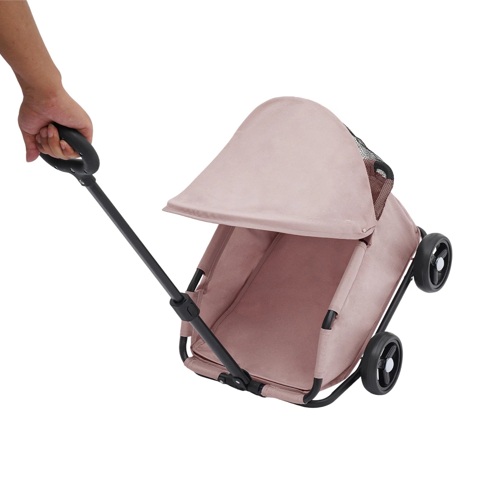 Pink baby stroller with a hand holding the handle on a white background