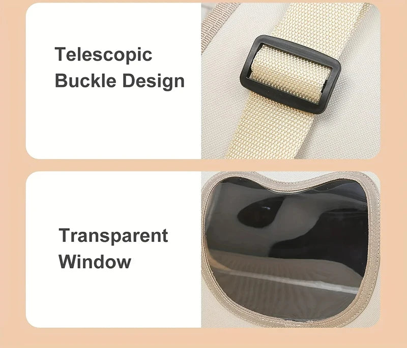 Telescopic buckle design and transparent window on a beige bag with a peach background.