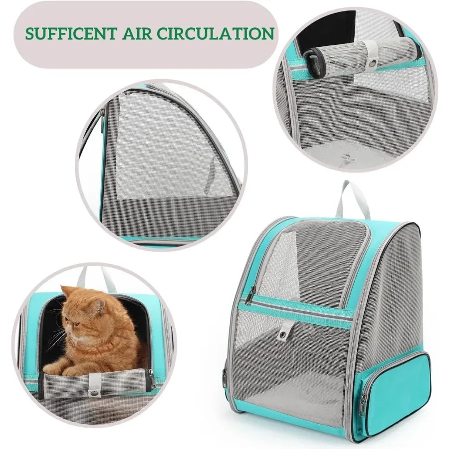Pet carrier with mesh sides and a cat inside, highlighting air circulation.