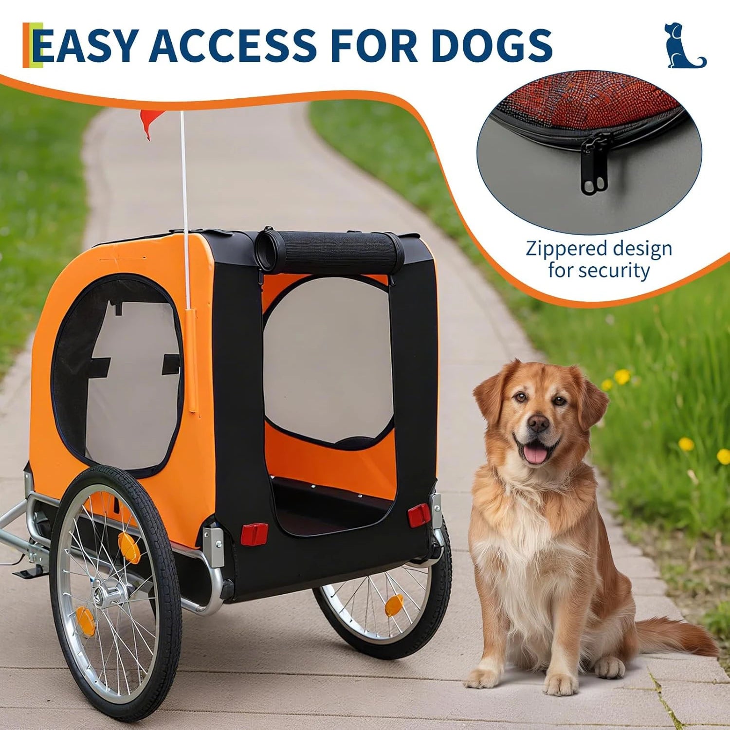 Orange and black pet bike trailer with a dog sitting next to it on a path.