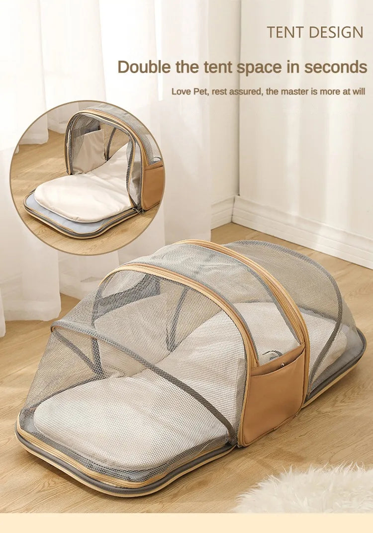 Pet tent with mesh design on a wooden floor, featuring text about double the tent space.