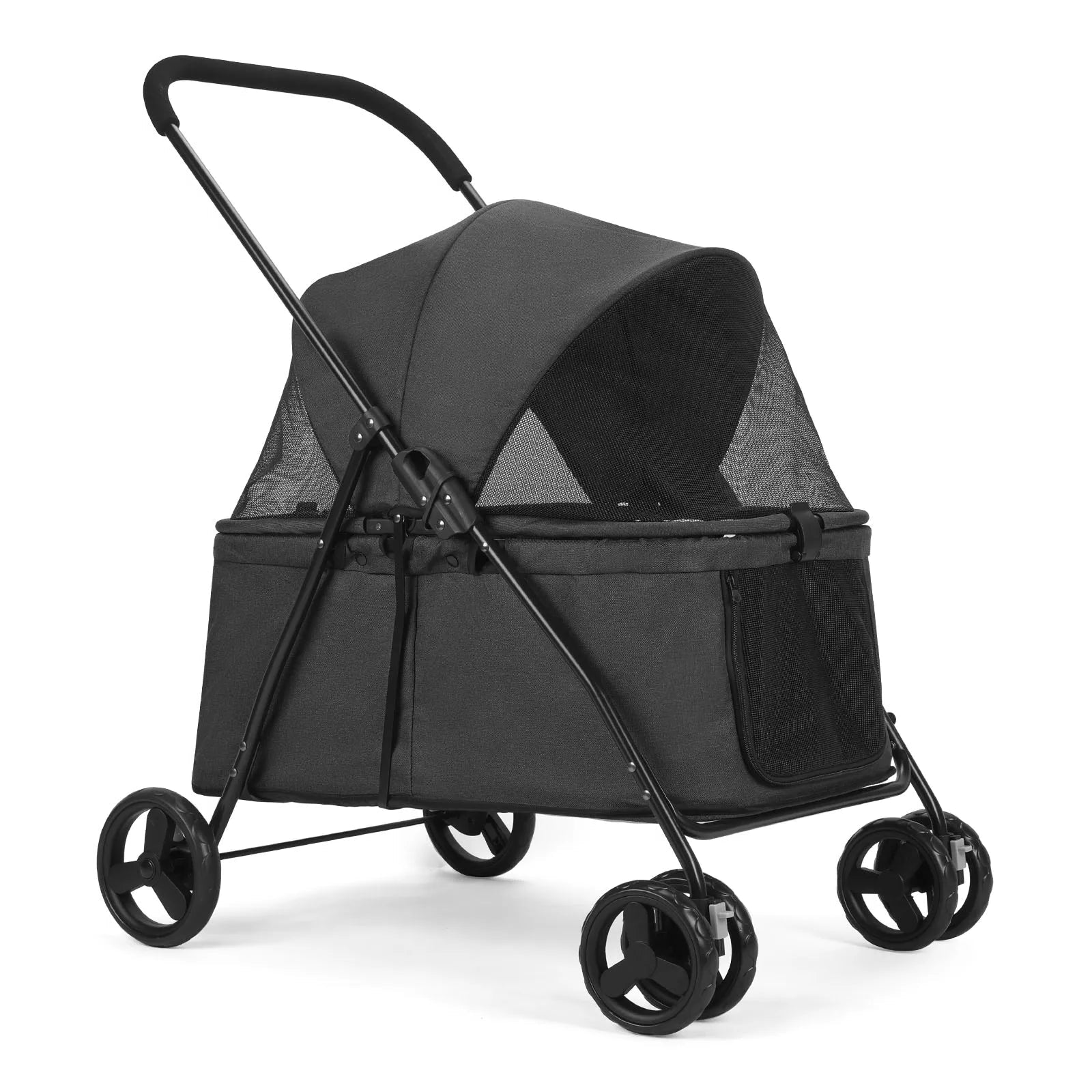 Black pet stroller on a white background
