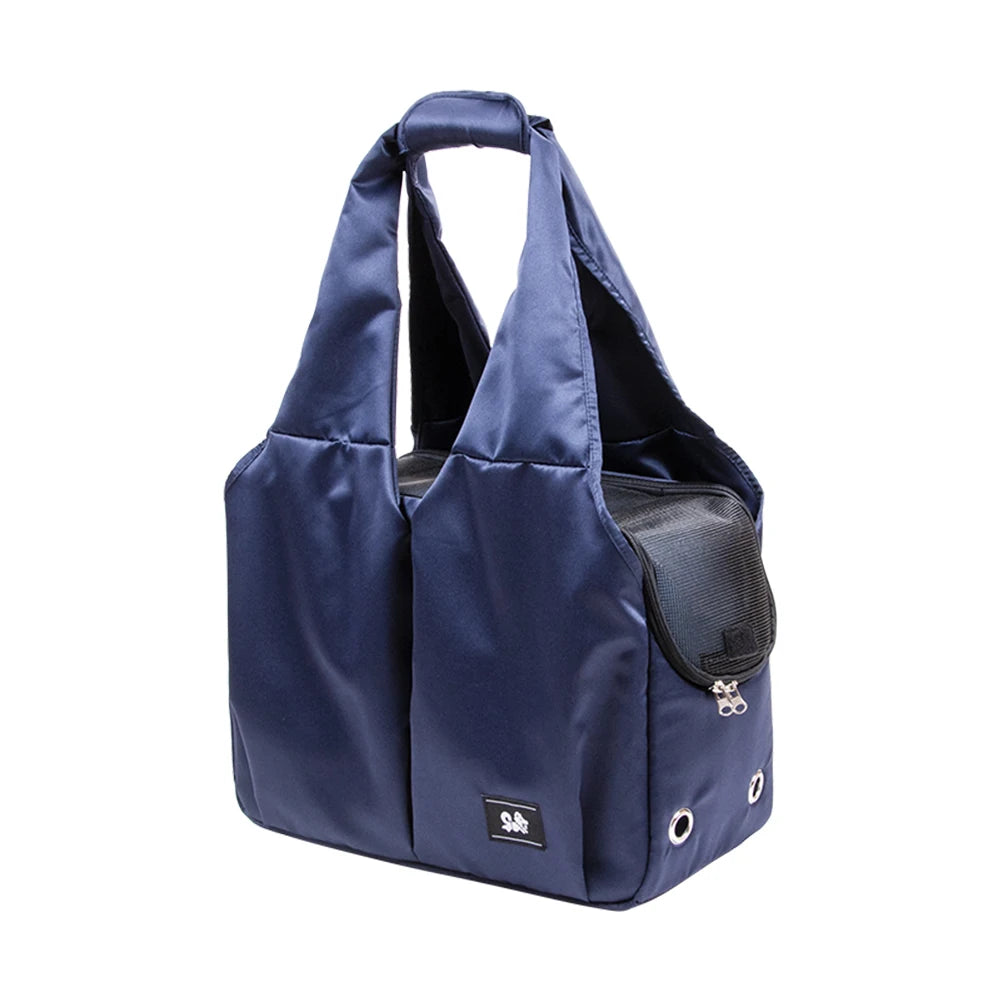Navy blue shoulder bag with a small pocket on a white background