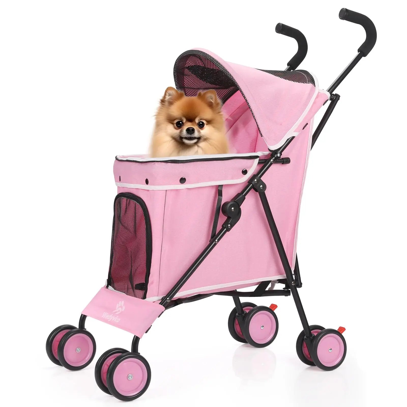 Pink pet stroller with a small dog inside on a white background