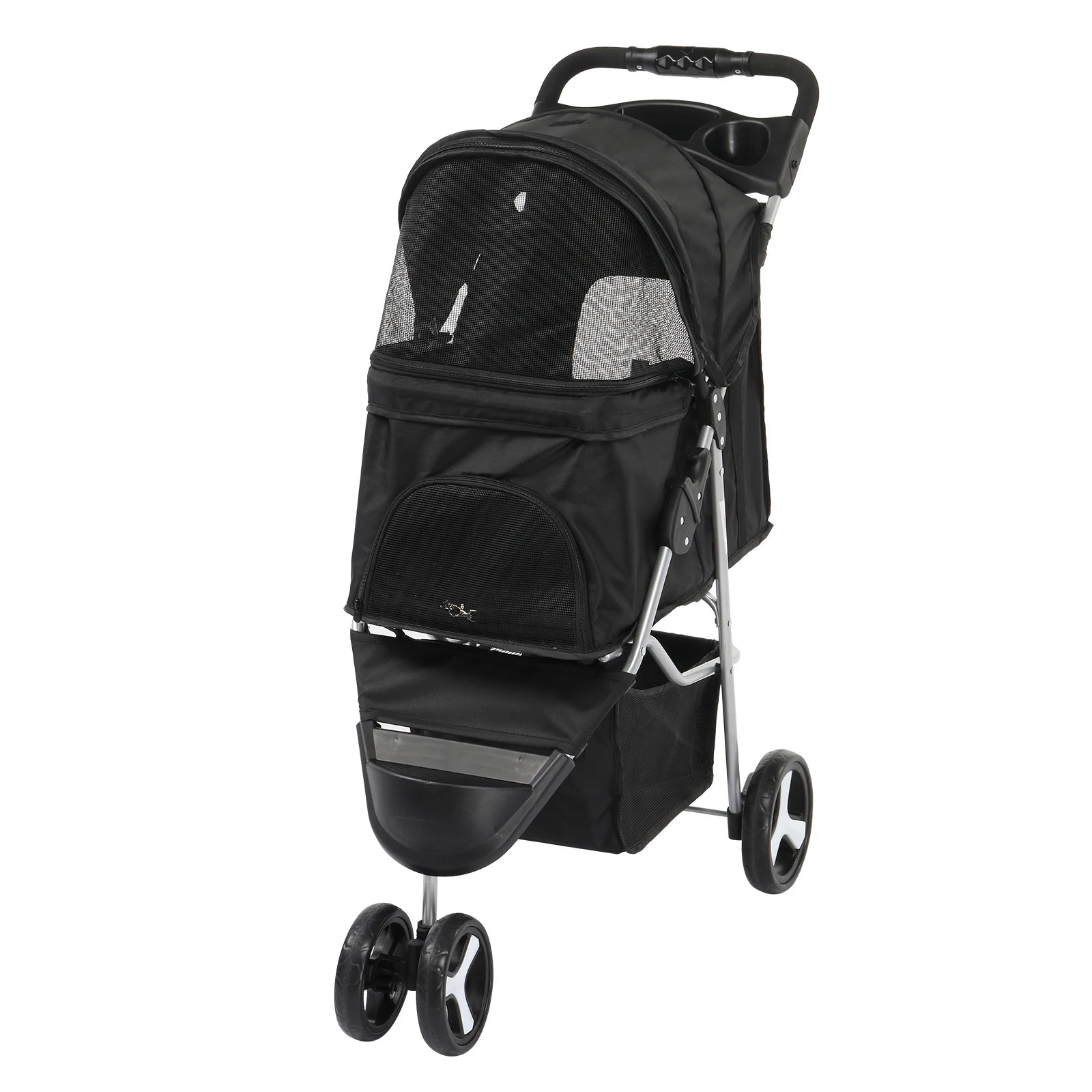 Black pet stroller on a white background