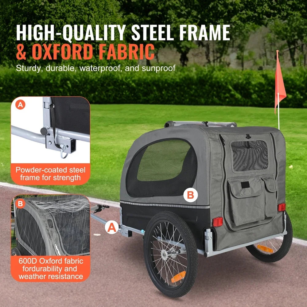 Bicycle trailer with high-quality steel frame and Oxford fabric, shown outdoors.