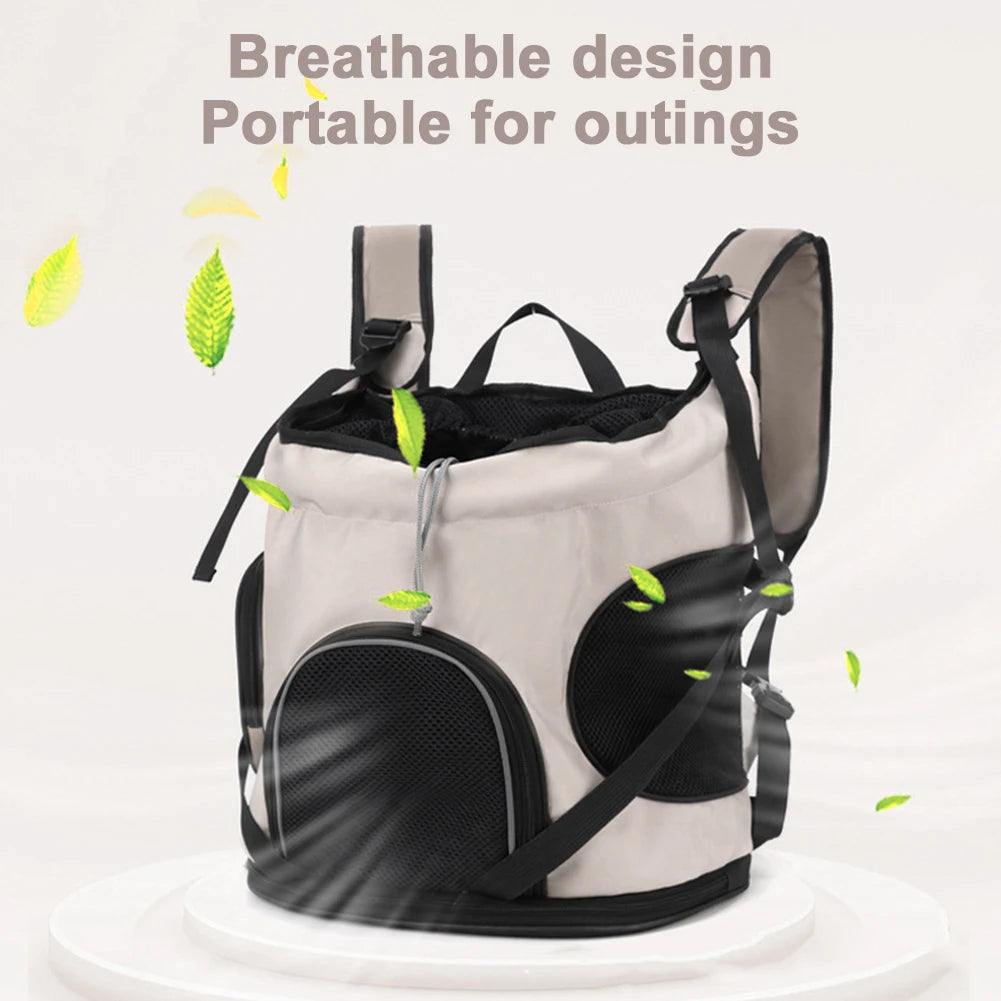 Pet carrier backpack with breathable design and portable features on a white background