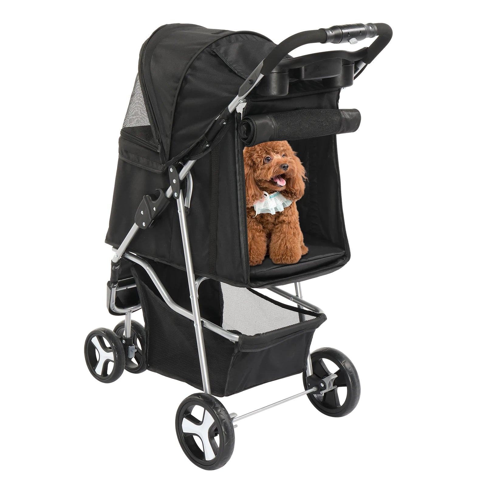 Black pet stroller with a brown dog inside on a white background