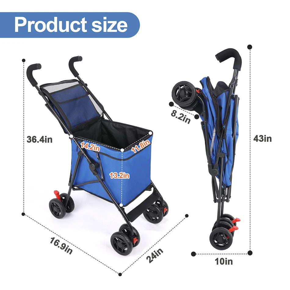 Blue folding stroller with dimensions labeled on a white background