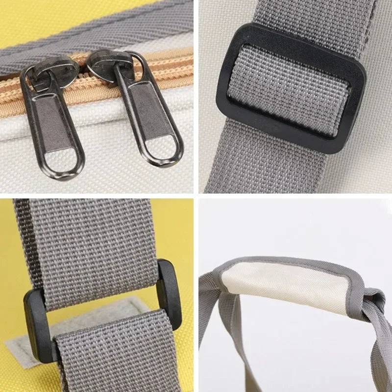 Close-up details of a bag's zipper, buckle, strap, and handle on a white background.