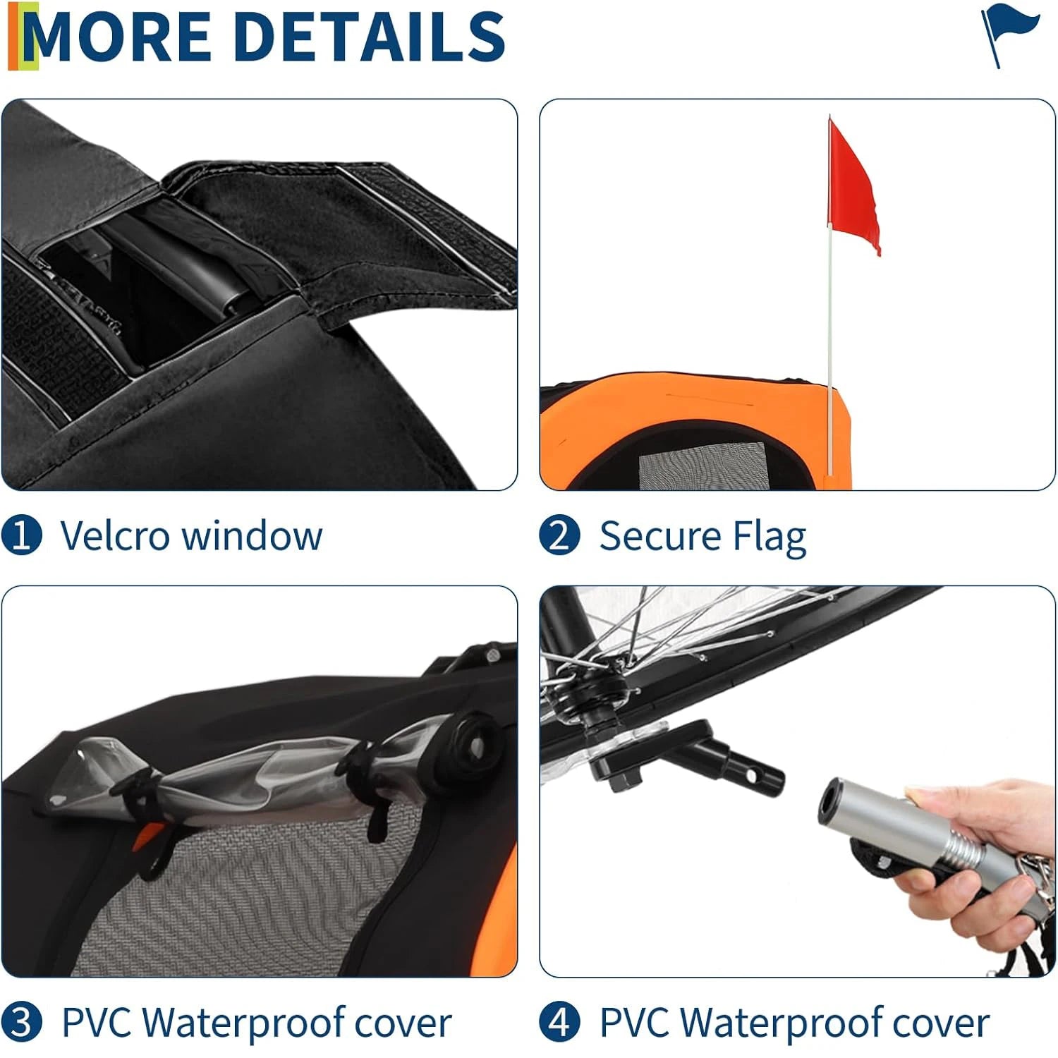 Product features with labels for Velcro window, secure flag, PVC waterproof cover, and installation process.