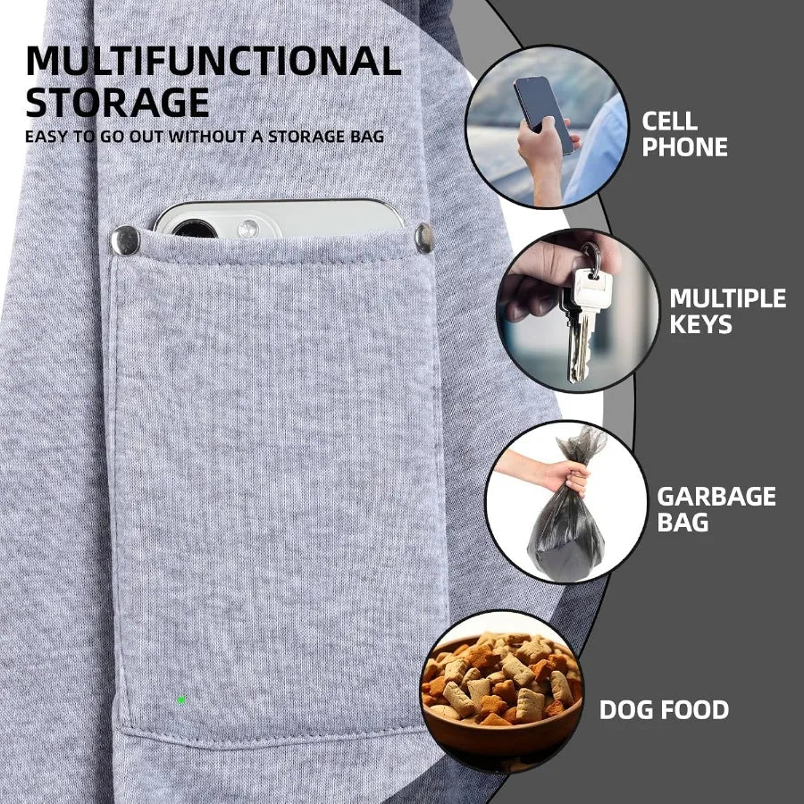Multifunctional storage bag with pockets for phone, keys, garbage bag, and dog food.