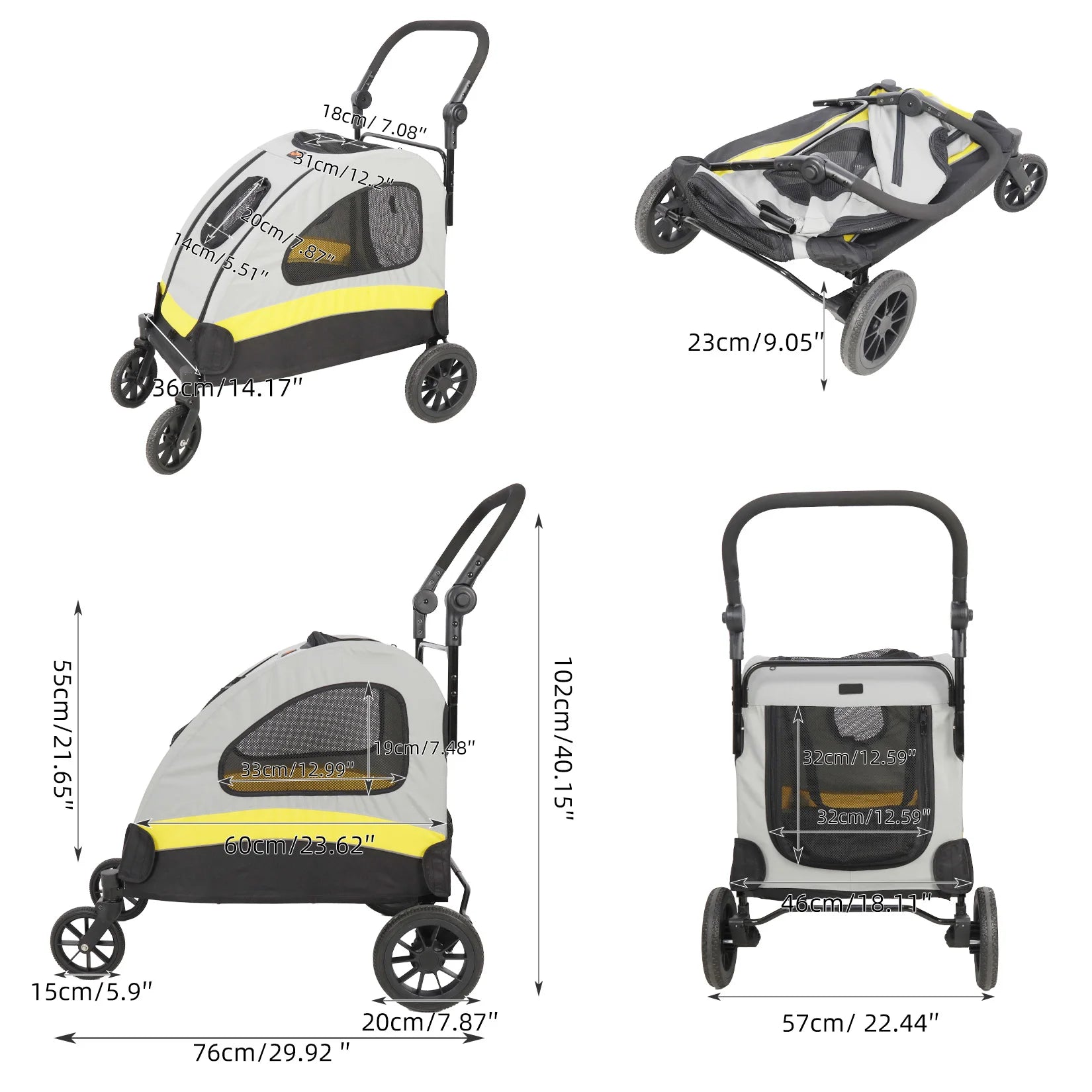 Pet stroller with dimensions labeled on a white background