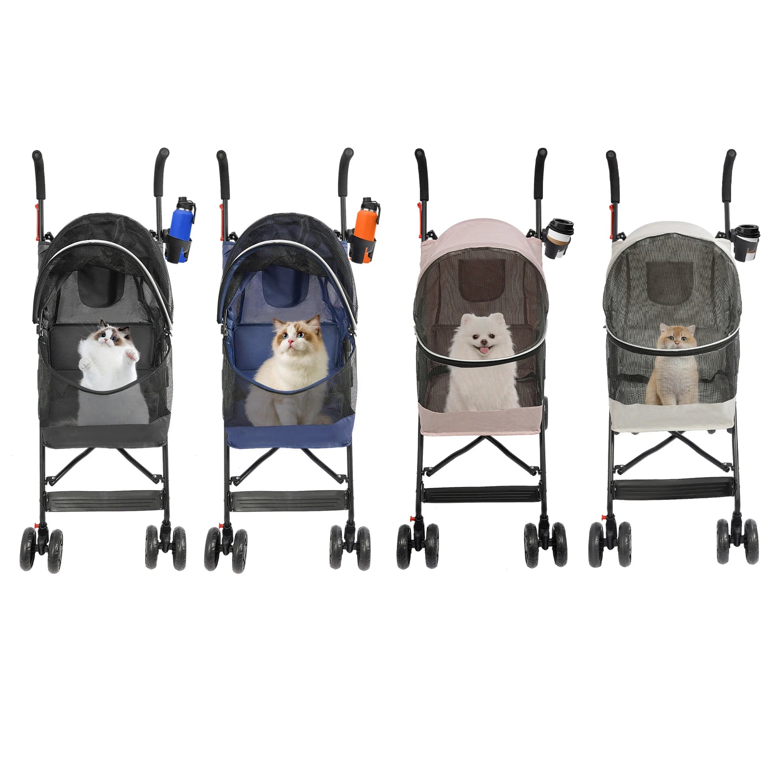 Four pet strollers with pets inside on a white background