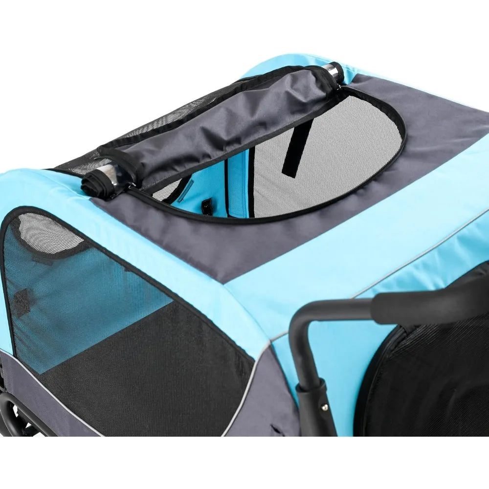 Pet carrier with blue and gray color scheme on a white background