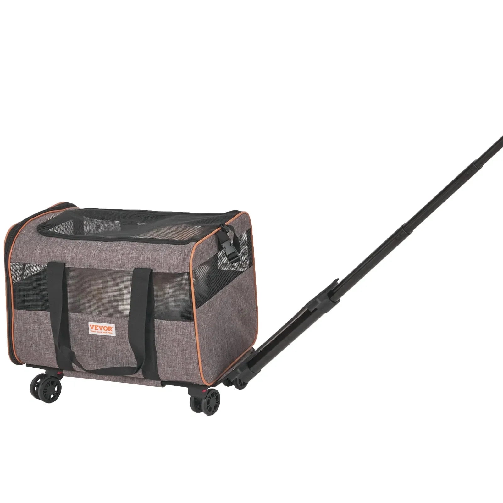 Gray pet stroller with wheels and a handle on a white background