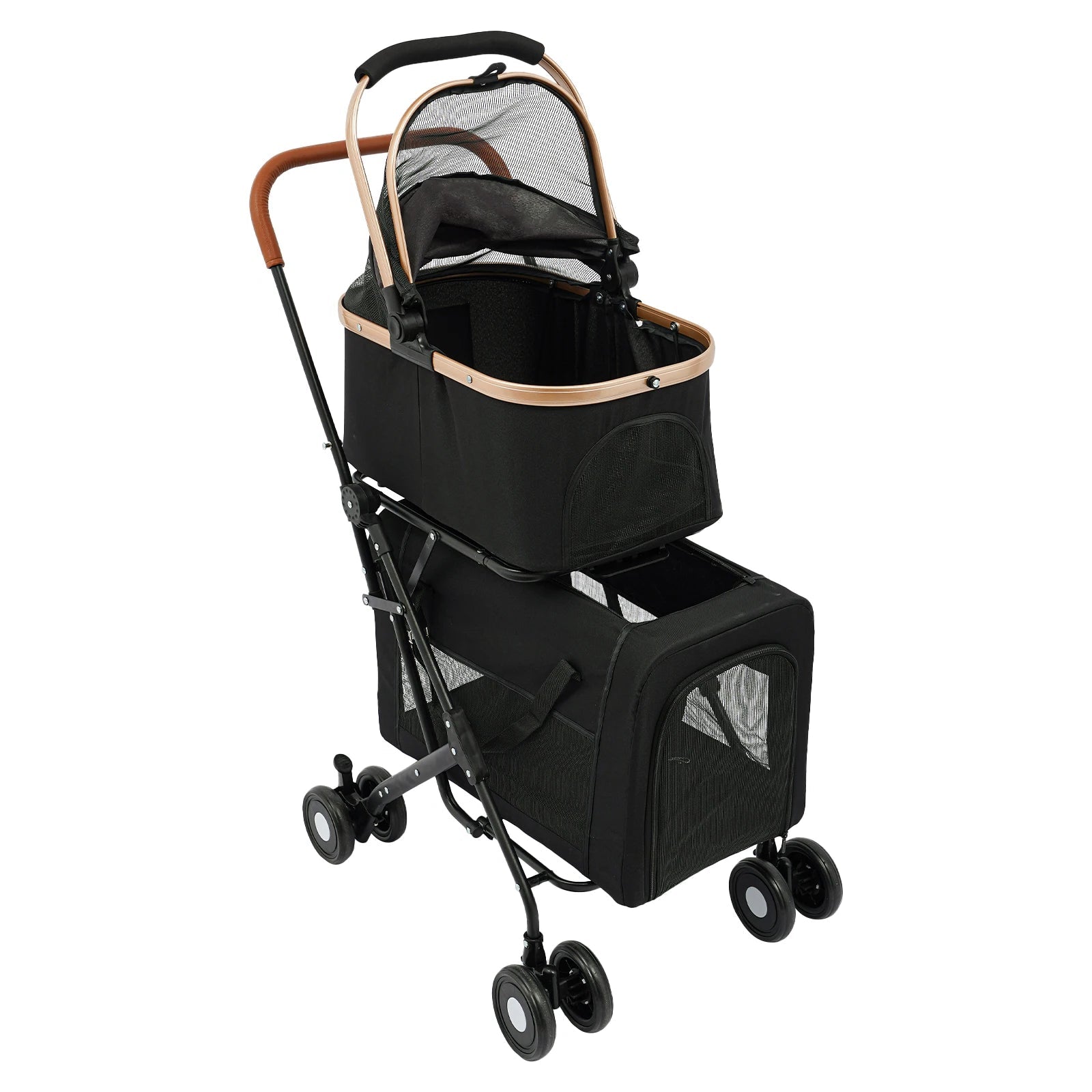 Black pet stroller with beige accents on a white background