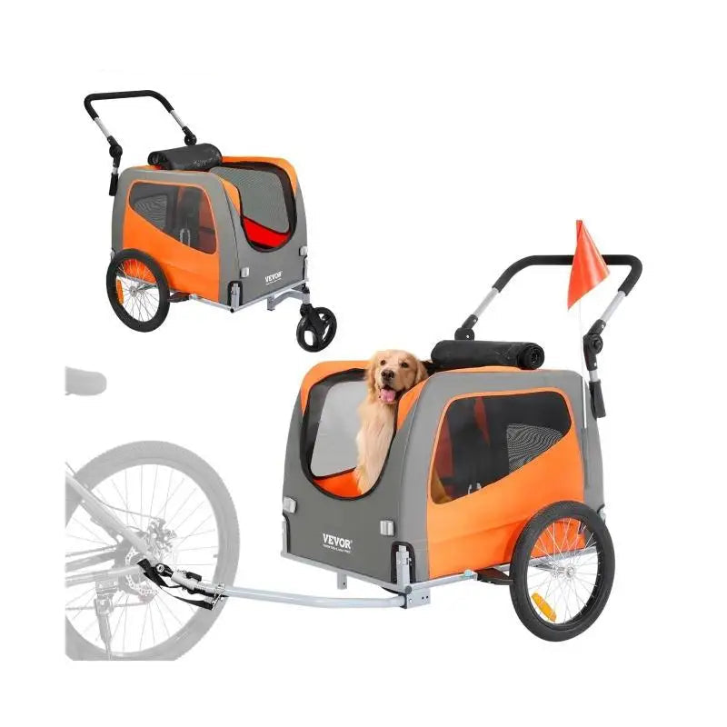 Orange and gray dog bike trailer with a dog inside on a white background
