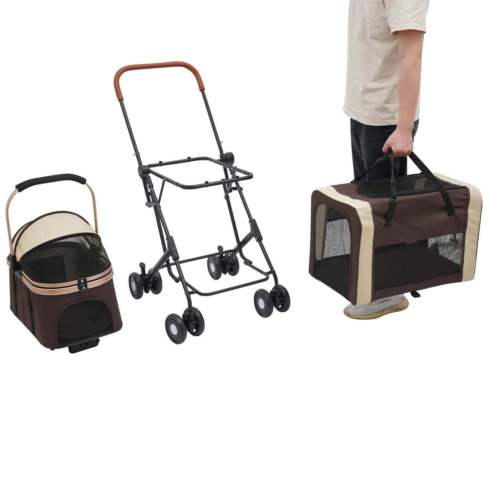 Pet stroller and carrier with a person holding the carrier on a white background