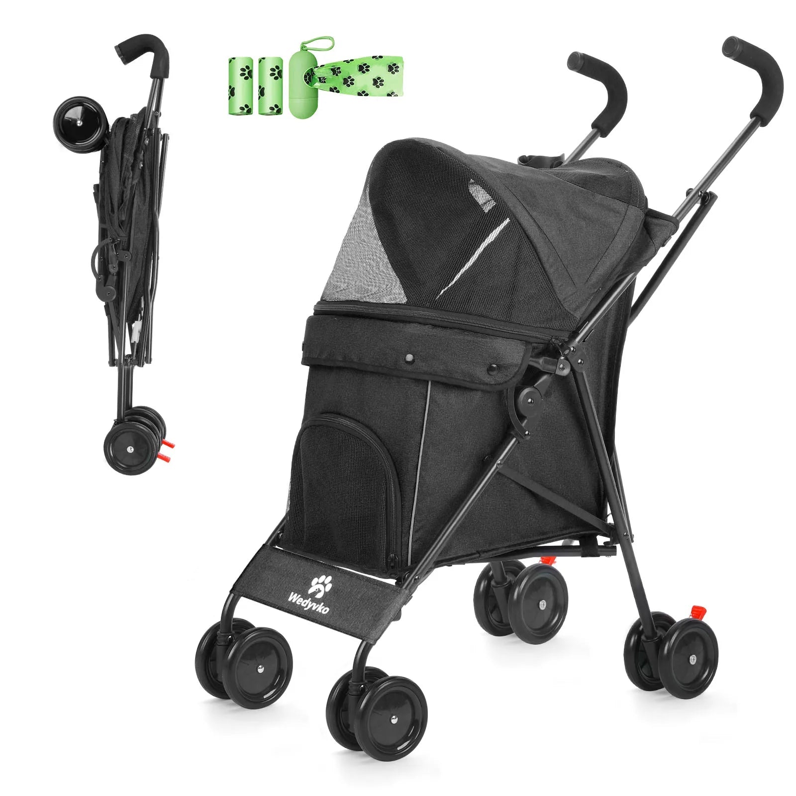 Pet stroller with accessories and a small dog on a white background