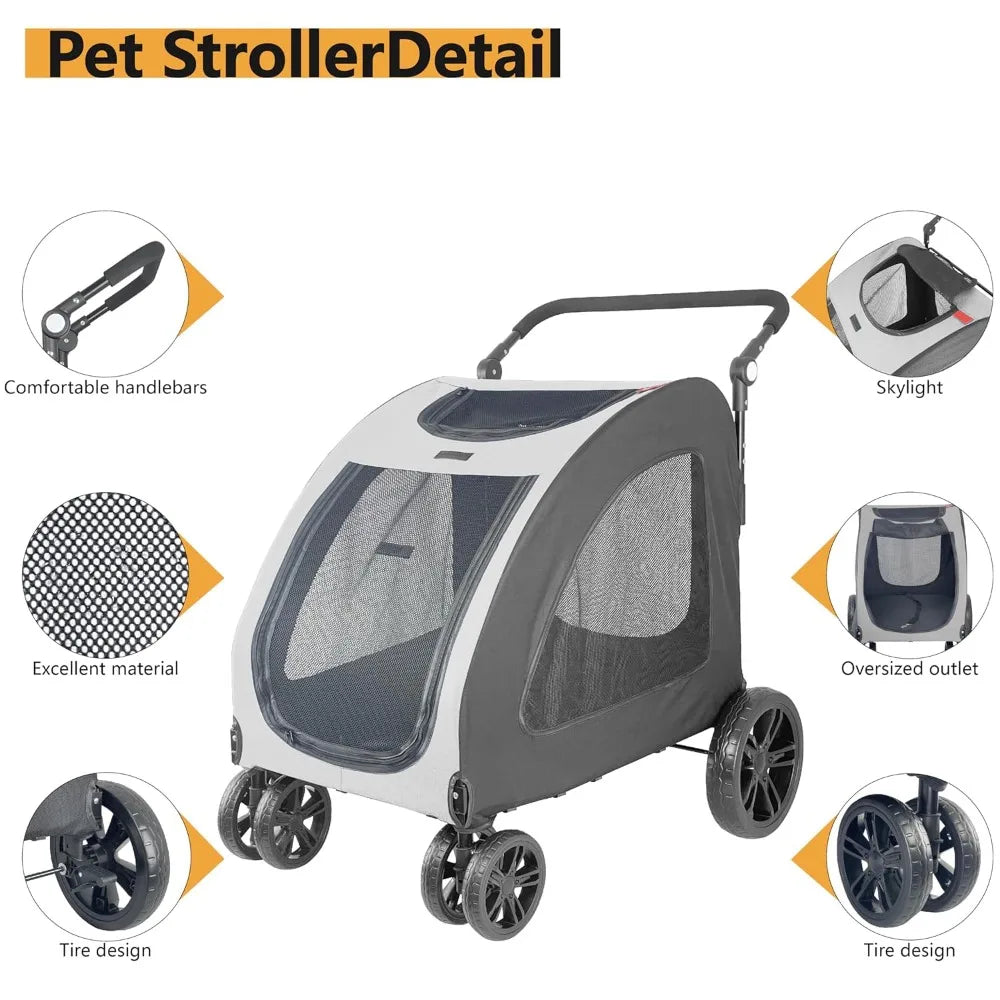 Pet stroller with features highlighted on a white background