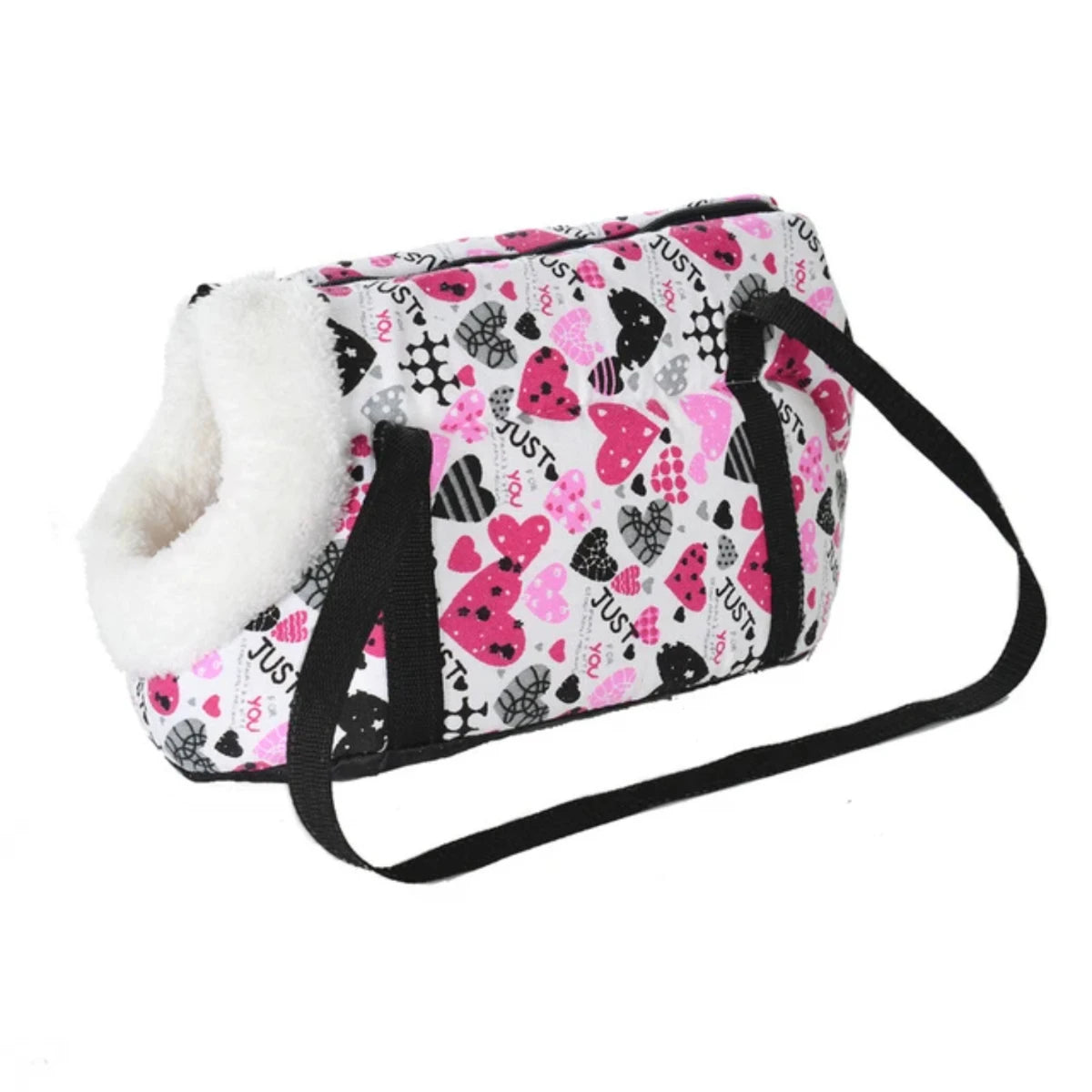 Pet carrier with pink heart pattern on a white background