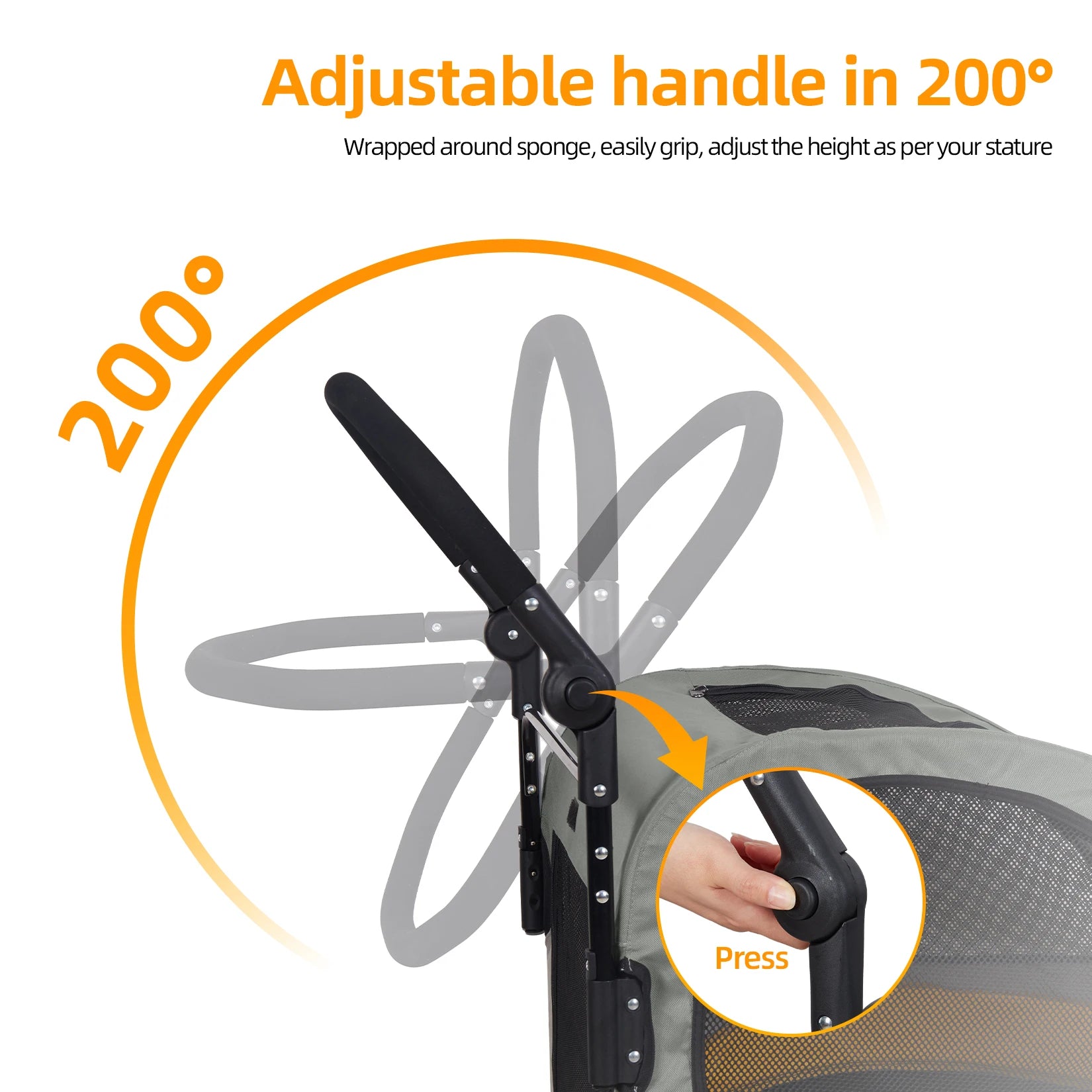 Adjustable handle with 200-degree range on a chair, showing grip adjustment.