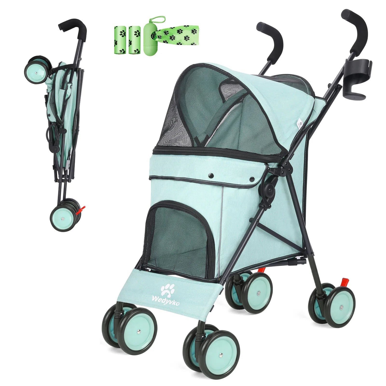 Pet stroller with canopy, wheels, and accessories on a white background