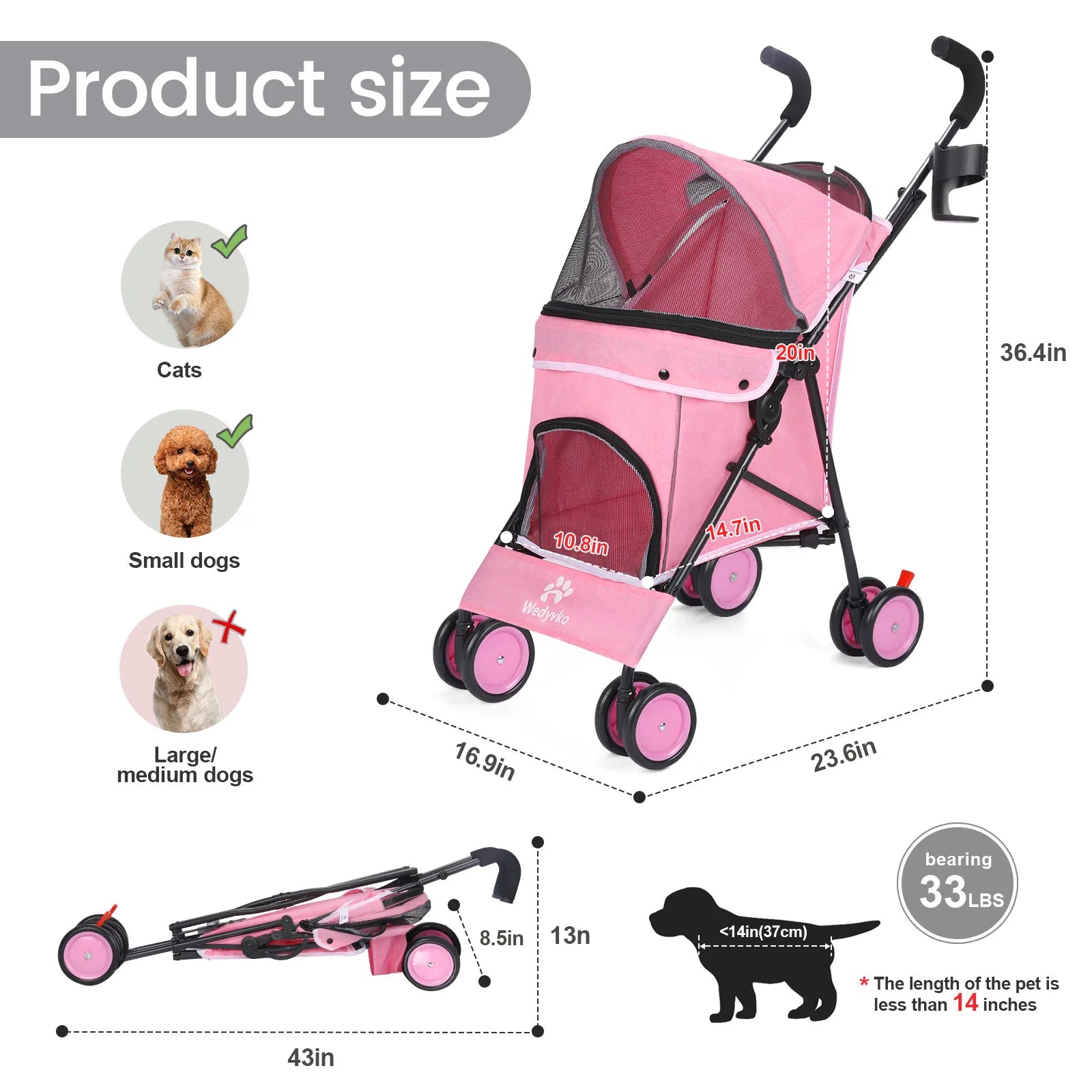 Pink pet stroller with dimensions and size chart for cats, small dogs, and large/medium dogs.