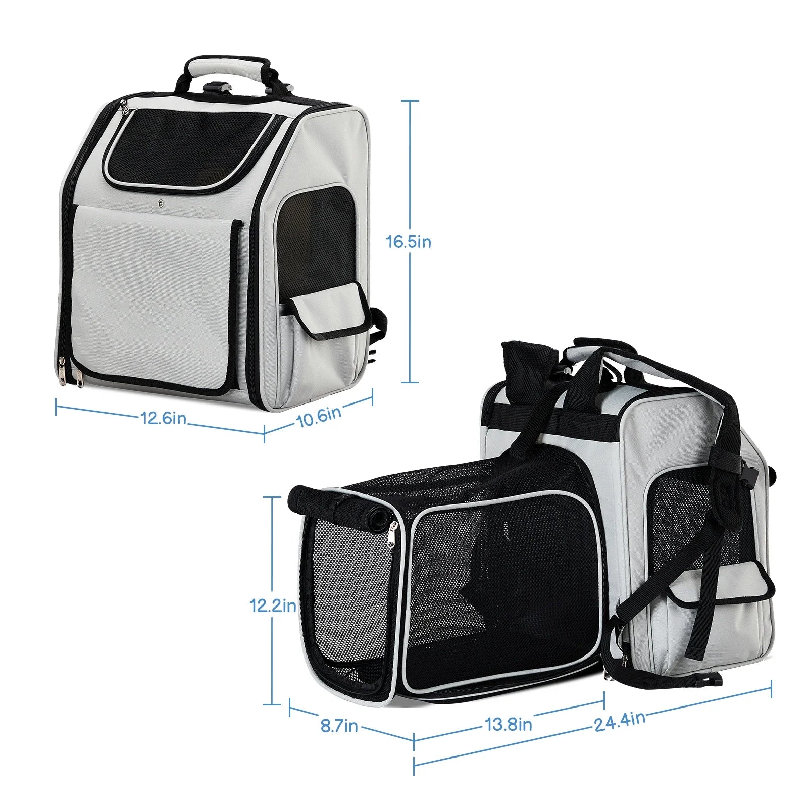 Pet carrier with dimensions labeled on a white background