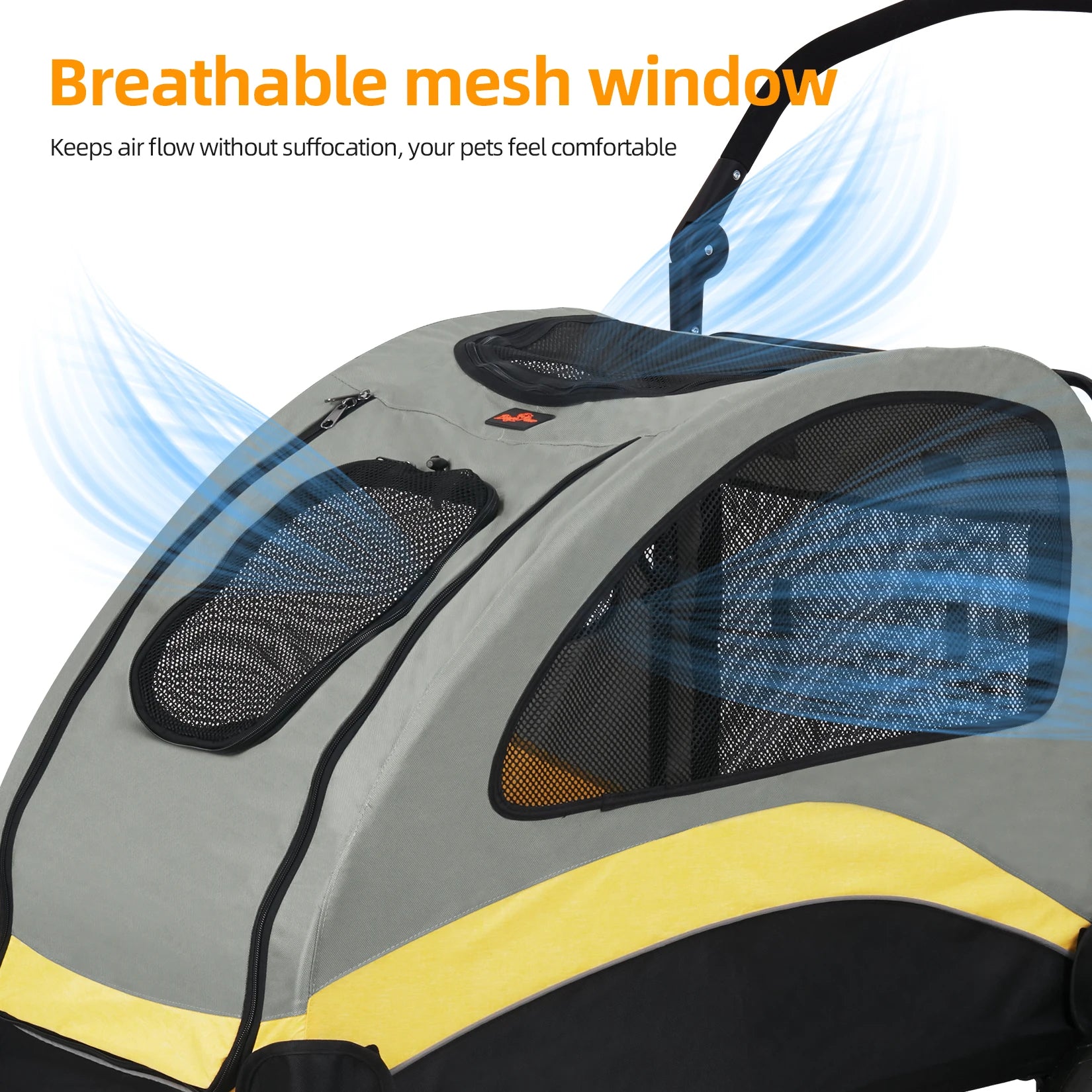 Pet carrier with breathable mesh window and air flow illustration, emphasizing comfort for pets.