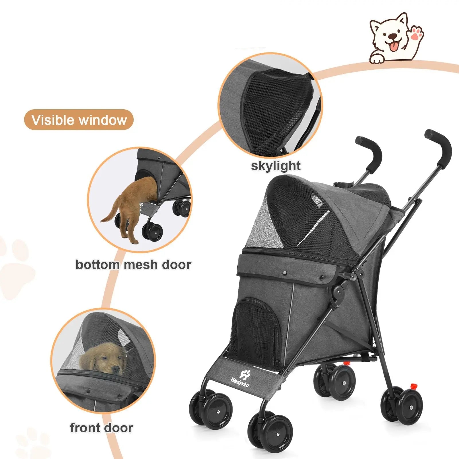 Pet stroller with features highlighted on a white background