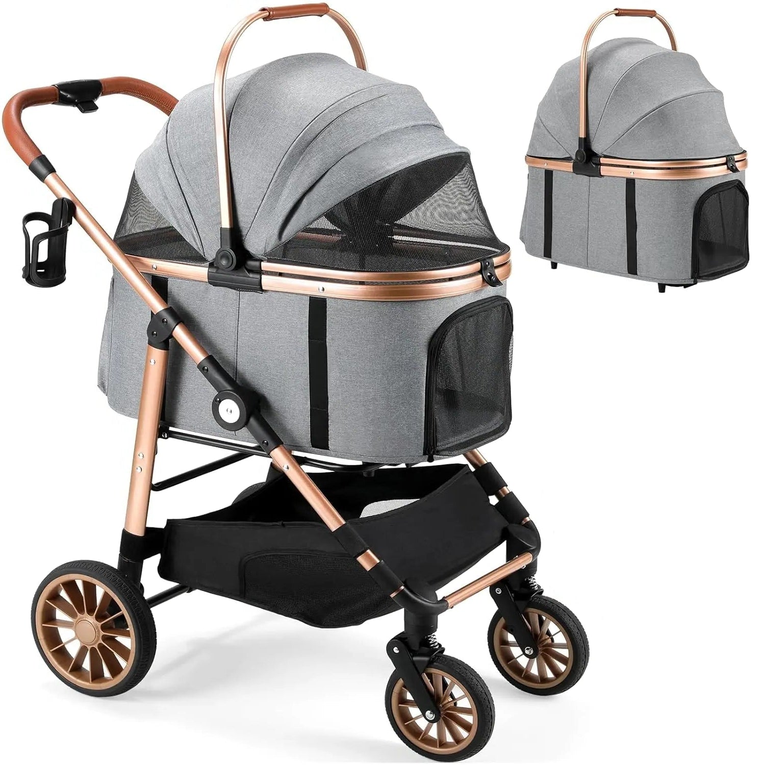 Pet stroller with rose gold accents and two pets, a dog and a cat, on a white background.