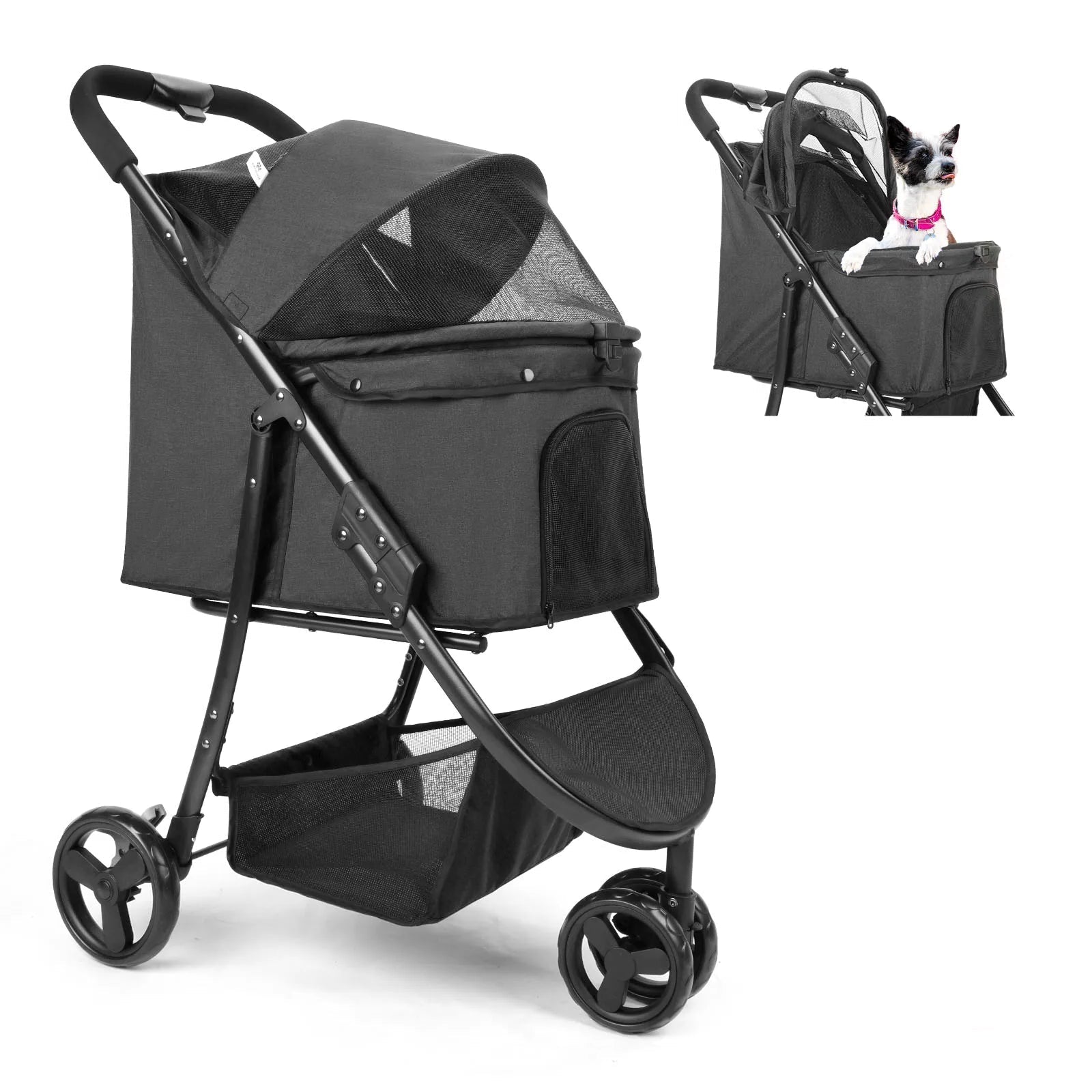 Pet stroller with a dog inside and another dog standing next to it on a white background
