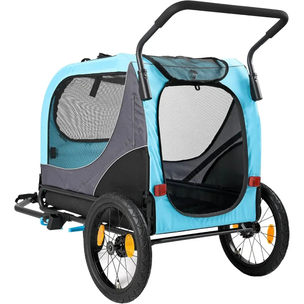 Blue and gray pet stroller with black handle on a white background