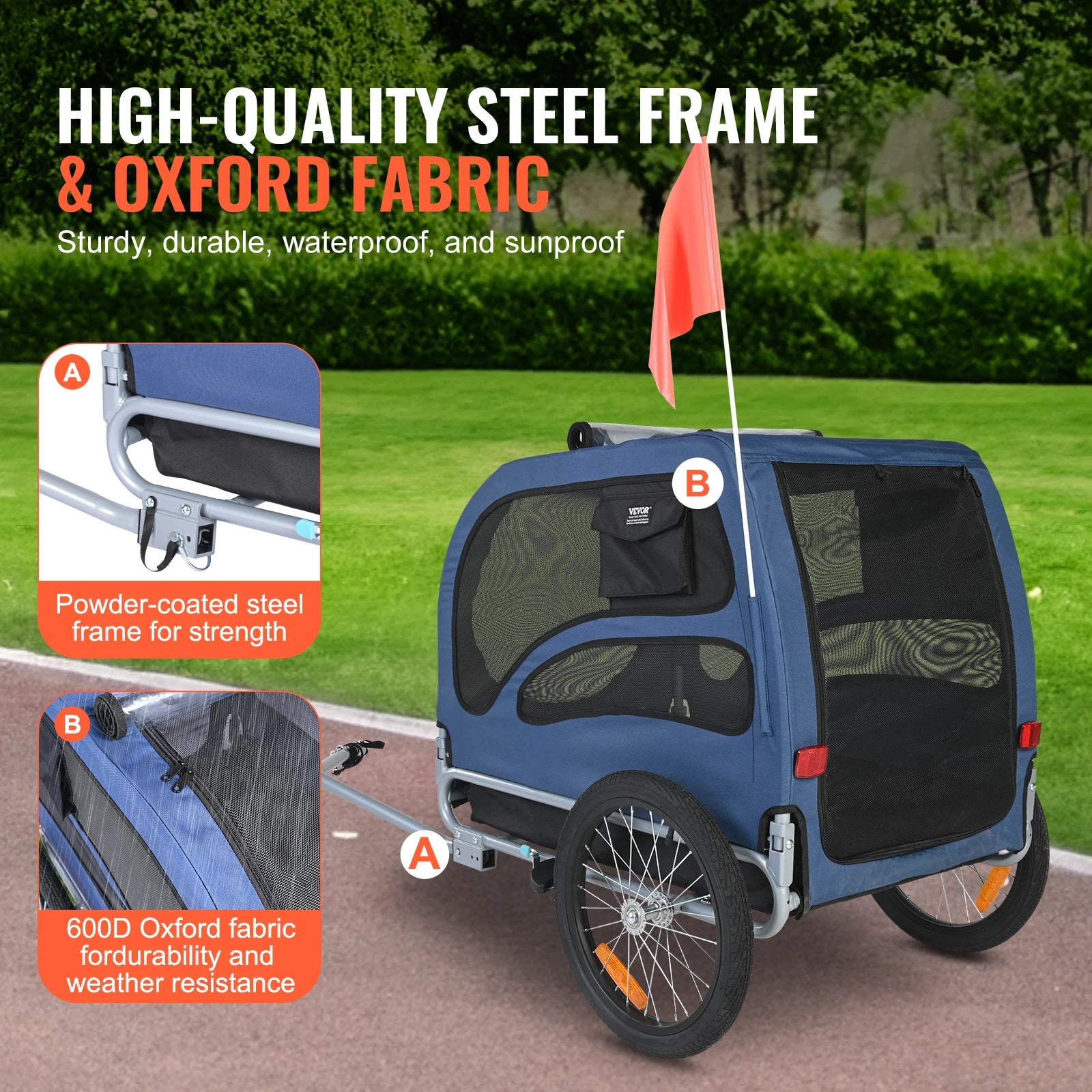 Blue pet bike trailer with high-quality steel frame and Oxford fabric, on a grassy background.