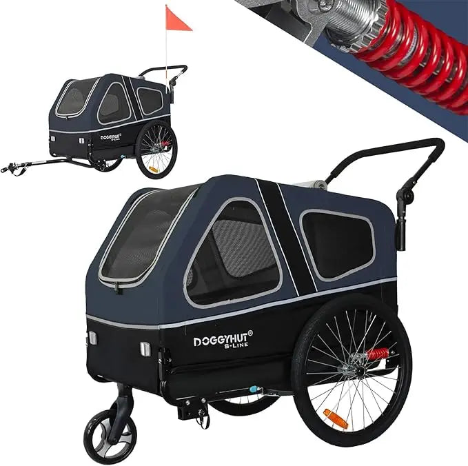 DoggyHut bike trailer with a hose and flag on a white background