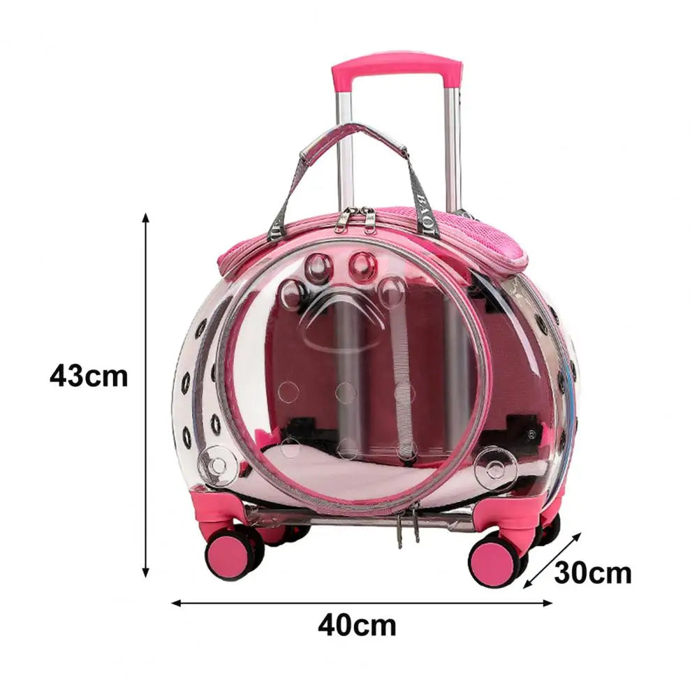 Pink transparent suitcase with dimensions labeled on a white background