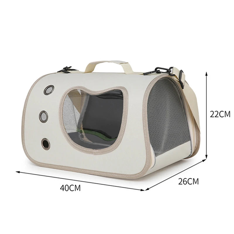 Pet carrier with dimensions labeled on a white background