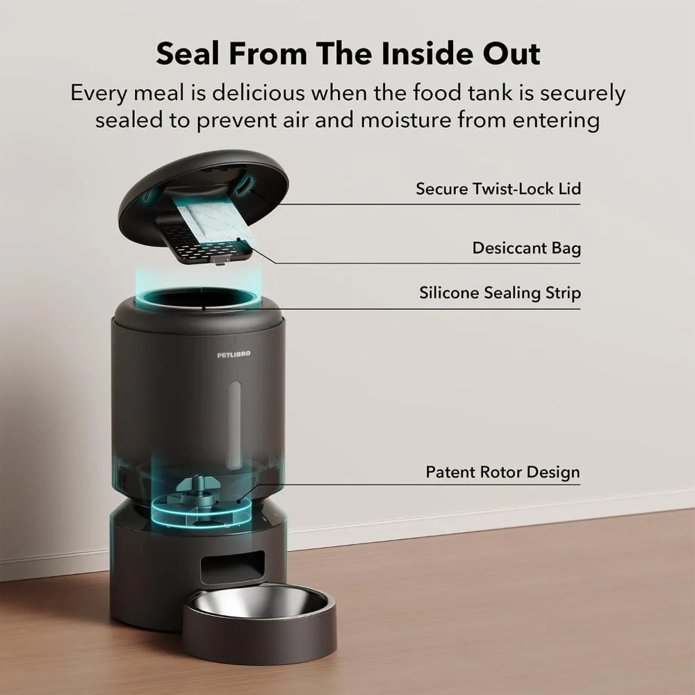 Pet food dispenser with features highlighted on a white background