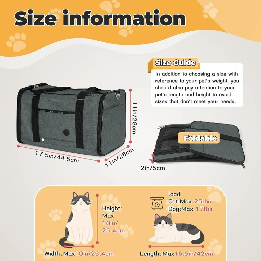 Pet carrier with size guide and dimensions on a white background