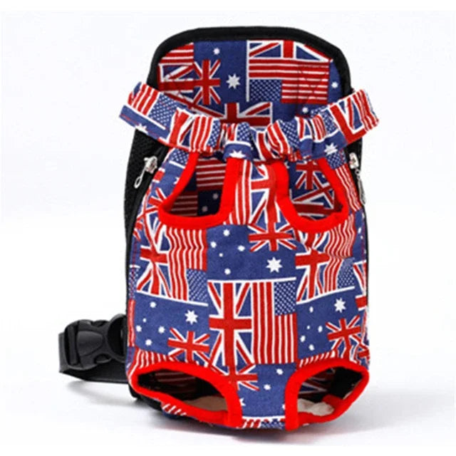 Pet harness with Union Jack and Australian flag pattern on a white background