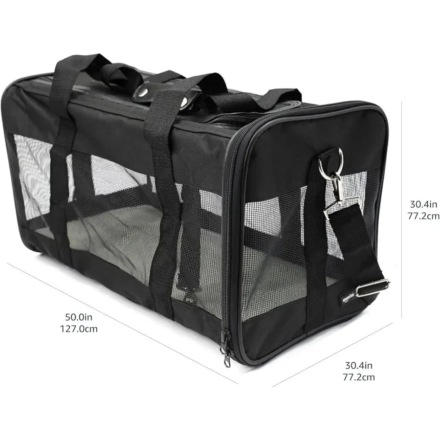 Black pet carrier with mesh sides and dimensions displayed