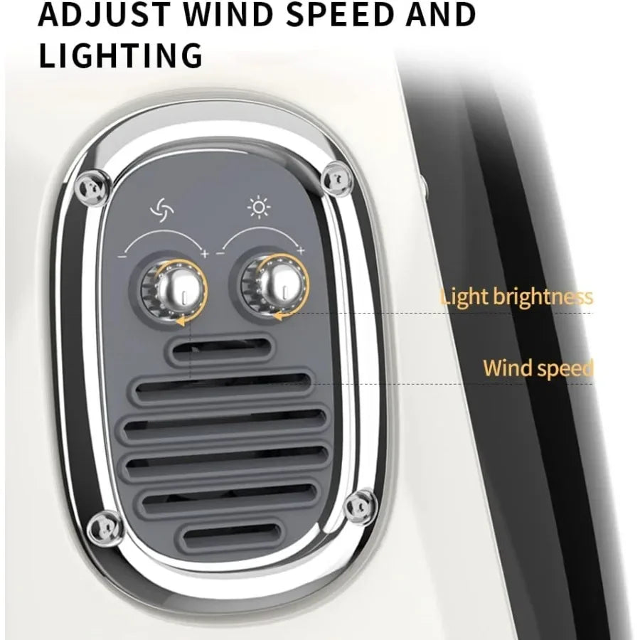 Control panel for adjusting wind speed and lighting with labeled knobs.
